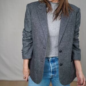 Vintage Herringbone Gray Wool Blazer